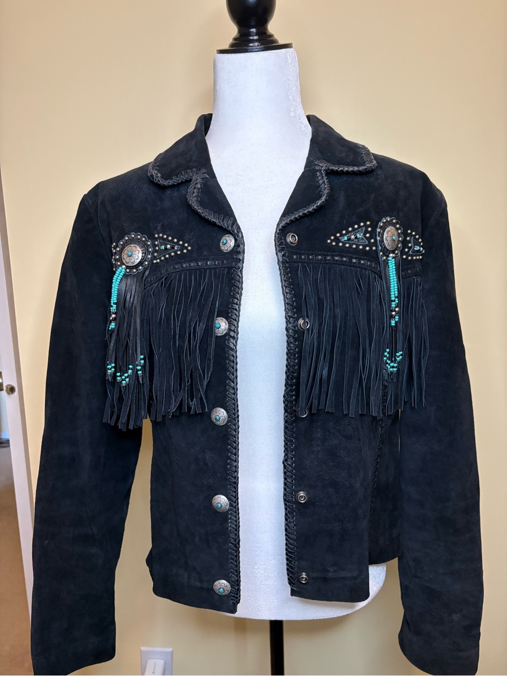 Scully Black Suede Fringe Jacket with Turquoise Bead Accents